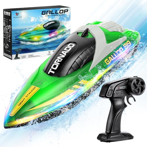 Hotut Barco teledirigido, lancha de velocidad 15 km/h, barcos de carreras 2,4 GHz con luces LED, batería ajustable 1200 mAh, para adultos y niños a partir de 14 años