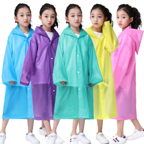 Raincoat Rain Poncho for Kids, 2-5 Pack Reusable EVA Rain Coats for 6-14 Boys Girls, Rain Jackets Gear with Hood