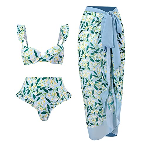 IDOPIP Women's 3 Pieces Swimsuit with Cover up Beach Skirt Sarongs and Two Piece Floral Printed Bikini Bra Set Bathing Suit