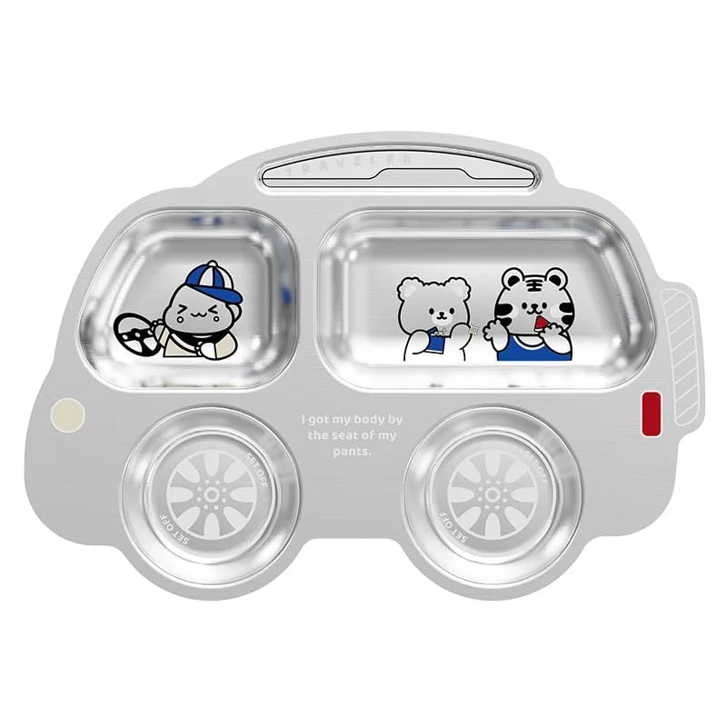 Image of Happy Hues Stainless Steel Divided Meal Plate Tray-3 Compartments Dinner Dish for Baby (Bus 02)