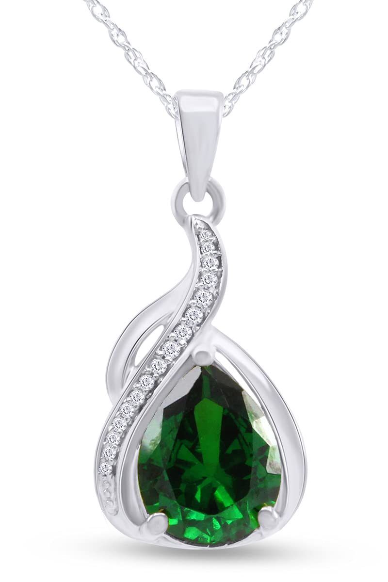 Jewel Zone USJewel Zone US Pear Cut Simulated Green Emerald & White CZ Pendant Necklace in 14k Gold Over Sterling Silver (3.5 Ct)
