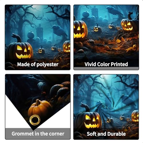 Meiguiman Halloween Garage Door Banner 7x8ft Creepy Forest Cemetery Full Moon Pumpkin Bat Photography Background for Halloween Yard Front Porch Wall Cover Indoor Outdoor Birthday House Party Decor by Meiguiman - Used condition - Image 5