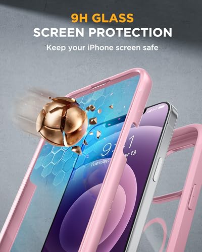Image of Miracase Glass Series Designed for iPhone 12 /12 Pro 6.1 Inch, Upgrade Full-Body Magnetic Case with Built-in 9H Tempered Glass Screen Protector, with Camera Lens Protector, Magnetic Pink