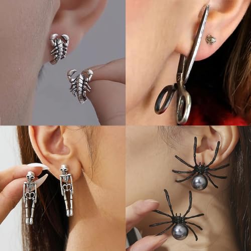 18 Pairs Stainless Steel Y2K Punk Hoop Dangle Earrings for Men, Frog Snake Spider Skull Heads etc Huggie Hoop Long Chain Piercing Hoop Earrings Set for Women and Men4