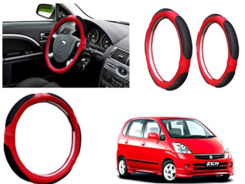 Image of Microfiber Car Steering Wheel Cover, Soft Padding Great Hand Feel, Anti-Slip, Faux Leather Steering Cover for Maruti Suzuki Zen Estilo Type1 | Black Red Jali - Pack of 1