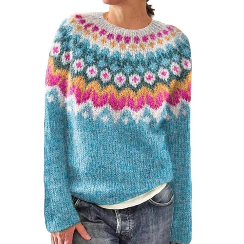 GOKKILRW Fair Isle Sweater Women Vintage Ethnic Jumpers Colorful Long Sleeve Crewneck Knitted Argyle Jacquard Pullover Tops