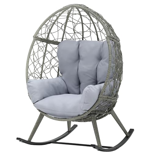 DWVO Wicker Rocking Egg Chair, Oversized Indoor Outdoor Rattan Rocking Chair, Indoor Outdoor Lounger for Patio, Backyard, Living Room, Light Gray