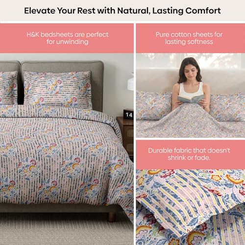 Image of Haus & Kinder King Size Bedsheet for Double Bed with 2 Pillow Covers 108 x 108 Inches | 186 TC Cotton Bedsheet for King Size Bed - Whispering Song Bird