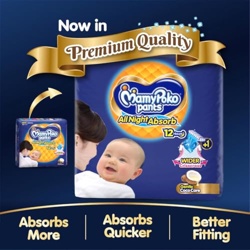 Image of Mamypoko pants All night absorb| Pant Style Baby Diapers Large Size(L), 124 Count,(62*2) Ideal for 9-14Kgs|1 Diaper= Upto All night Absorption|Wider Crisscross Sheet|Gentle Coco Care| 12hr Leakage Protection| Prevents Heaviness.