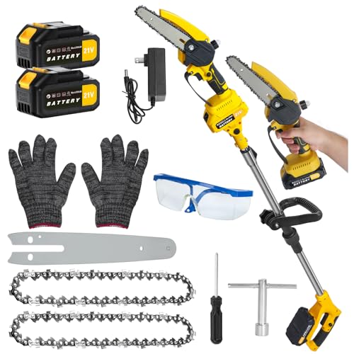 2 in 1 Mini Tronçonneuse et Élagueur sur Perche sans Fil, Tronçonneuse Télescopique 21V, Perche Télescopique 0.9-5.9 FT, Tête Inclinable 120° pour Taille Haute (Jaune)