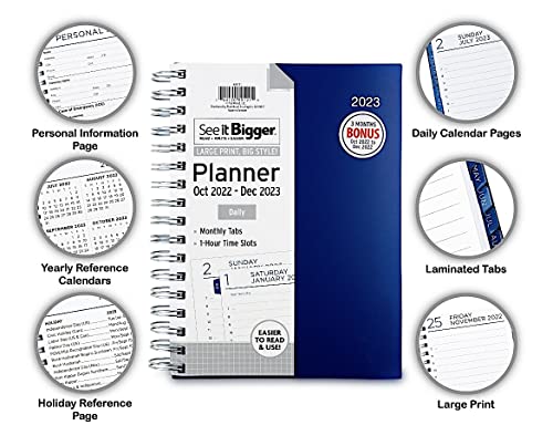 Planahead See It Bigger Daily Format Planner Premium Paper 6" X 9" April 2023 - June 2024 And Suheyla Inspirational Pen "My Life Is My Message”. (Navy) #TOP1
