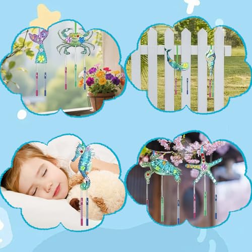 burkfeeg 12er Set Meertier Windspiel Holz Bastelset Kinder, Windspiel Bastelset Kinder Ozeantiere Klangspiel Kreativsets, Geschenk für Geburtstag, Schule, Party
