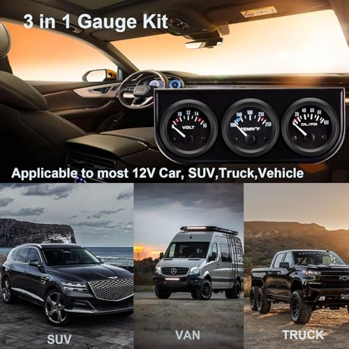 Lagwiuy 777777 2 Inch 52Mm Triple Gauge Set (Volt Meter+Water Temperature+Oil Pressure Meter) Stainless Steel 3 In 1 Gauge Kit With Black Console For 12V Cars Ships Boats Truck Motorcycle Marine Automotive thumb #5