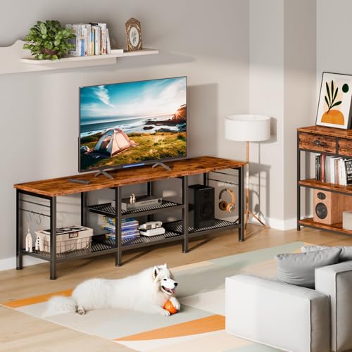 Image of Furologee 55 Inch TV Stand, Entertainment Center with Shelves, Rustic Brown | Media Console Table, Open Storage Shelves, 4 Hooks, for 60 /65 Inch TVs, TV Stands for Living Room, Bedroom
