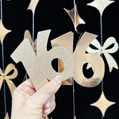 Image of Champagne Gold 16th Bow Birthday Decorations Champagne Conquette Bow Garland Streamer Banner Backdrop for Girls Boys Happy 16th Birthday Sweet Sixteen Cheers to 16 Years Old Anniversary Party Supplies