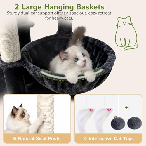 Image of Globlazer Cat Tree for Large Cats, 75in Tall Multi-Level Heavy Duty Cat Tower for Indoor Cats with Extended Platform, 2 Spacious Condos, 2 Padded Perches, 6 Sisal Scratching Posts, S75, Dark Grey
