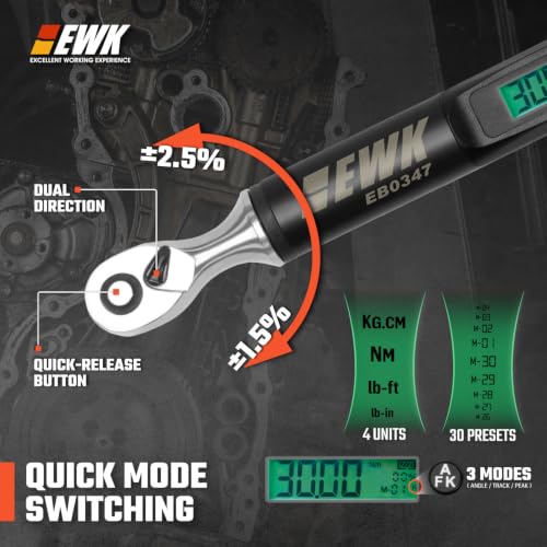 Image of EWK 1 /4 inch Drive Digital Angle Torque Wrench 1.1-22.1 ft-lbs (1.5-30 Nm) | ±1.5% clockwise / ±2.5% counterclockwise and angle accuracy of ±2%, LCD Display, LED Buzzer Vibration Alert, 30 Memory Values