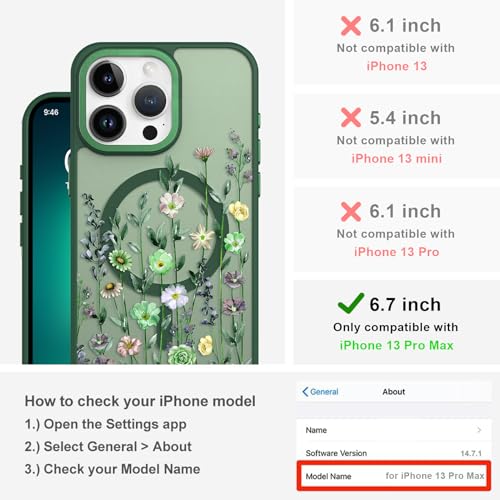 Image of Magnetic for iPhone 13 Pro Max Case with for Women, Green Flower | Pretty Floral Pattern Design [Compatible with MagSafe] Shockproof Slim Translucent Matte Non-Slip Protective Cover