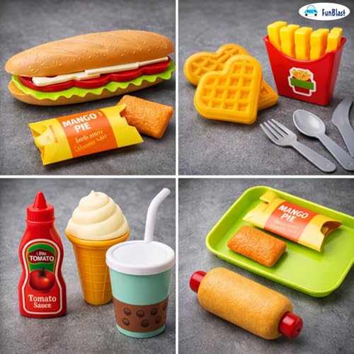 Image of FunBlast Food Play Set for Kids - 18 Pcs Fast Food Play Toys for Kids, Pretend Play Toys for Girls, Role Play Toys for Children, Burger Toy and French Fries Ice Cream Toys - Multicolor