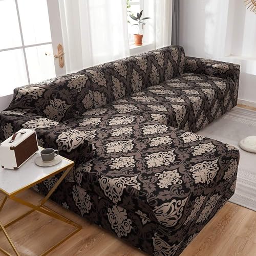 Image of House of Quirk Universal Sectional 140 GSM Sofa Covers L - Shape Slipcover 2pcs Elastic L-Type Chaise Sofa Furniture Protector (Black /Brown Motif)