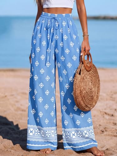 Image of PRETTYGARDEN Womens Pants Elastic Waist Floral Lightweight Palazzo Pants for Women Casual Lounge Wide Leg Pants Woman