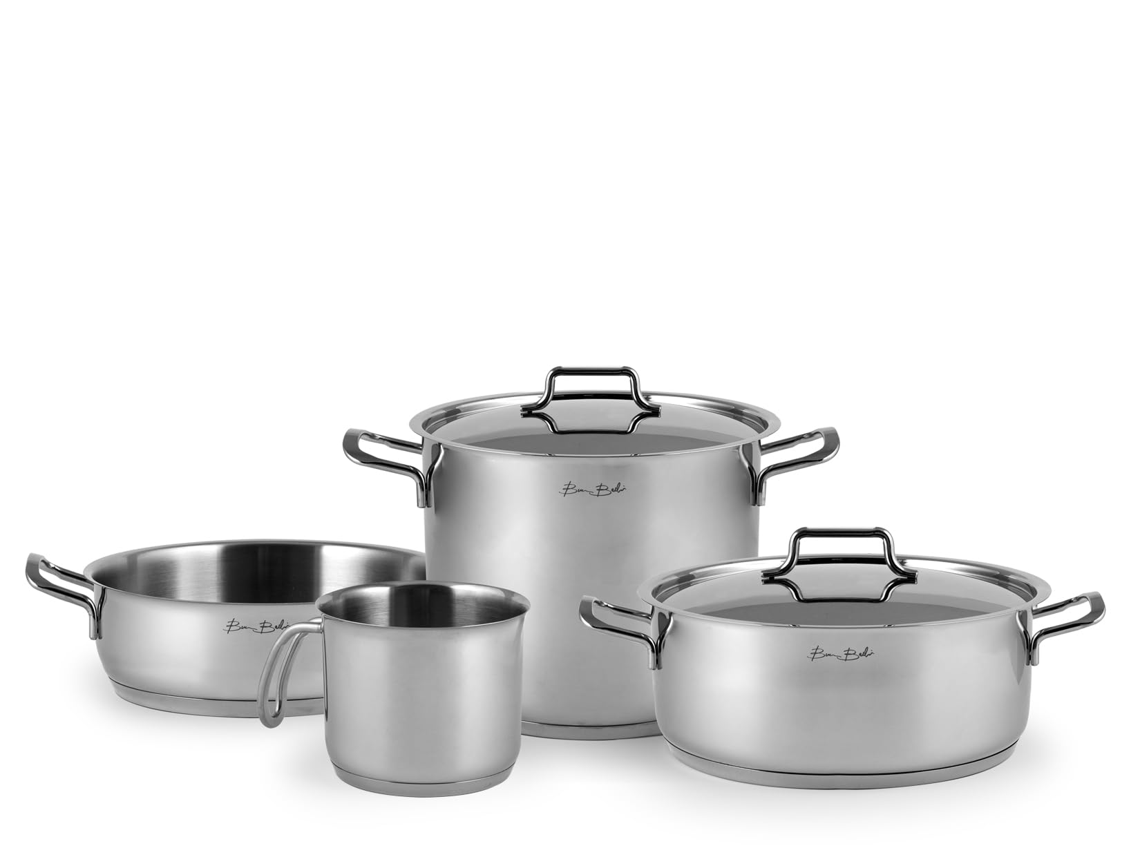 H&H by Bruno Barbieri, Batteria di Pentole, Acciaio Inox 18/10, Set 6 Pezzi, Casseruola, Tegame, Bollilatte con Coperchi, Triplo Fondo, Adatto a tutti i Piani Cottura