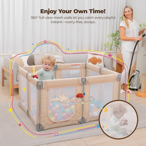Image of Foldable Baby Playpen, 47 inchx49 inch Collapsible Play Pen for Babies Toddlers, 360 Vision Mesh Play Yard with Zipper Gate, Adjustable Shape Safety Baby Fence with Handles, Portable Indoor Outdoor, Khaki
