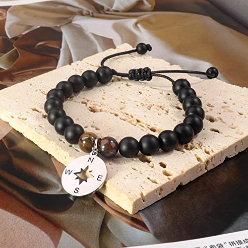 Adjustable Men's Bracelet 8Mm Brother Black Onyx Brown Tiger Eye Stone Beads Compass Charm Bracelet Gifts For Brother For Graduation Season， Christmas, Halloween And Other Festivals Best Gift (D) #TOP7