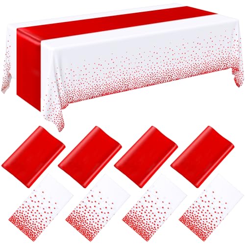 Image of Breling 8 Pack White and Red Disposable Plastic Tablecloths and Satin Table Runner Set, 54 x 108 Inch Tablecloth, 12 x 108 Inch Table Runners for Wedding Graduation Birthday Baby Shower