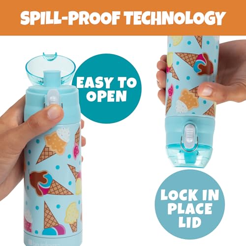 Image of Bentology Stainless Steel 13 Oz Reusable Water Bottle for Kids, Ice Cream | Double Wall Insulated, Spill Proof Lid W /Built-in Straw- Keep Liquids Hot or Cold- Easily Fits in Lunch Boxes & Bags