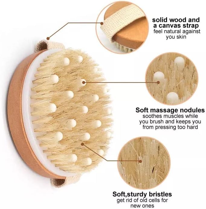 Image of KIMEE Premium Dry Body Brush for Lymphatic Drainage & Cellulite Reduction - Natural Boar Bristle Exfoliating Scrubber with Massage Nodes - Skin Tightening & Circulation Booster for Smoother, Glowing Skin