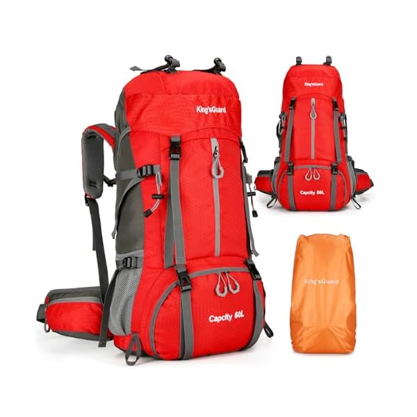 King'sGuard 60L Hiking Backpack, Waterproof Camping Backpacking Backpack for Men Outdoor Traveling Climbing Daypack with Rain Cover (Red)