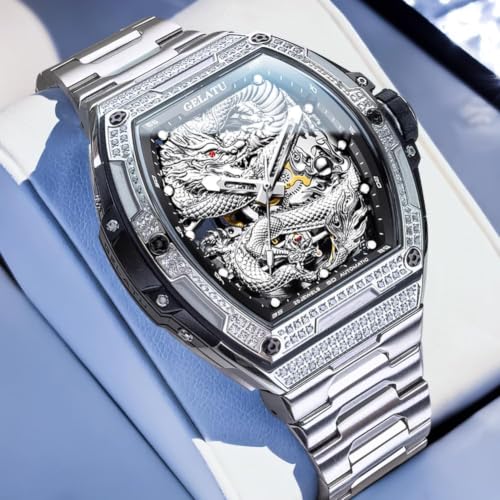 Image of OLEVS Automatic Men's Watches Fashion Diamond Dragon Skeleton Mechanical Self Winding Tourbillon Stainless Steel Waterproof Luminous Watches for Men