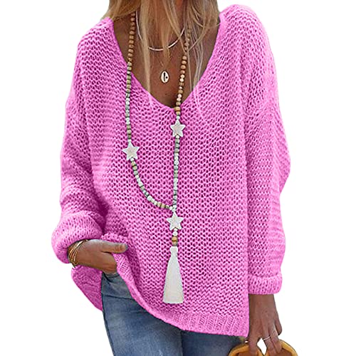 Générique Chandails à Encolure en V pour Femmes Hauts TricotéS Amples à Manches Longues SurdimensionnéS Pull DéContracté en Crochet éPais De Couleur Unie (XL,Rose)