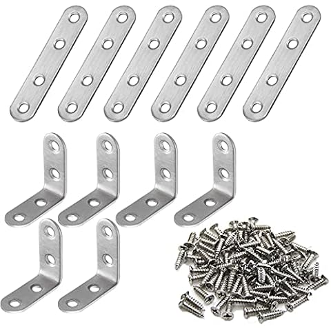 L Bracket, 12Pcs Brackets for Wood 6Pcs Right Angle Bracket(40 x 40mm) and 6Pcs Straight Brackets(76 x 16mm) with 48pcs Metal Screws for Wood Furniture Fixation Cover