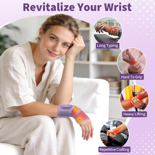 Image of Cordless Wrist Hand Heating Pad Massage for Pain Relief, Rechargeable Heated Wrist Brace for Carpal Tunnel, Red Light Therapy Heated Wrist Massager Wrap for Arthritis, Purple