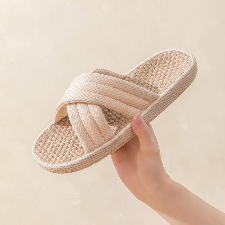 Summer House Slippers for Women Indoor Japanese Linen Slippers Comfort Cross Strap Open Toe House Shoes for Guests2