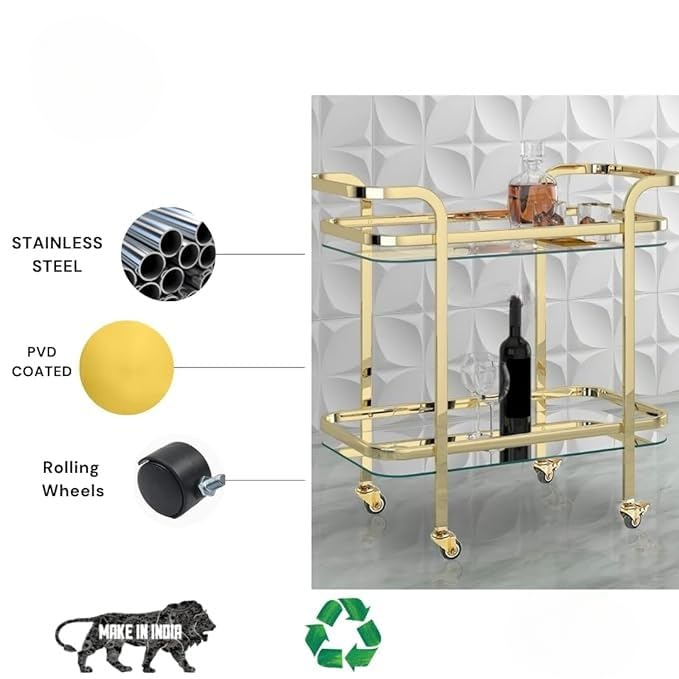 Image of Stainless Steel Trolley for Home with Wheels and Handle 3 Tier Restaurant Mobile Cart for Serving Food Kitchen Trolley Organizer with Gold Finish (Light Gold)