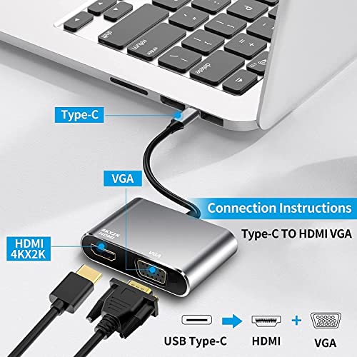 Image of USB HUB USB C to HDMI VGA Adapter, 2 in 1 USB Type C Thunderbolt 3 to HDMI & VGA Cable for MacBook Pro 2020 /2019 /2018 /Dell XPS 13 /Samsung S8 /S9 /Huawei mate30 and More (USB C to 2 in 1 HUB)