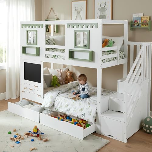 Gelukueub Litera, cuna, con pequeña zona de tablero perforado + 5 ganchos de madera incluidos, dos cajones, con armario de almacenamiento de escaleras, pino + MDF + madera contrachapada, blanco y