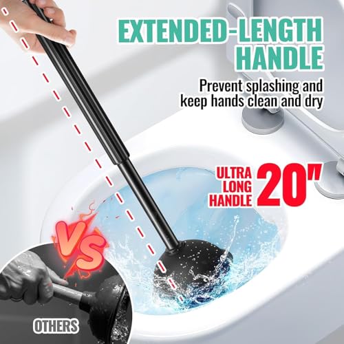 Image of FORASTO 4 in 1 Toilet Brush and Plunger Set, Long Handle Combo, 2 Pack | Dark black bathroom cleaning tools with holder. Includes crevice brush for deep toilet bowl scrubbing.