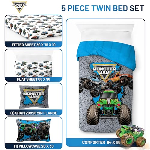 Image of Monster Jam Twin Comforter Set 5 Piece Kids Sports Bedding for Boys, Gray