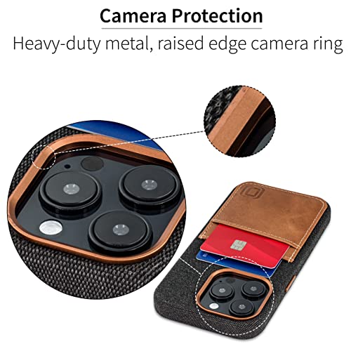 Image of Dockem iPhone 14 Pro Fabric Card Case with Built-in Metal Plate for Magnetic Mounting, Stitched-on Genuine Leather Wallet with 2 Credit Card /ID Slots: M2F 14 Pro [Grey w /Light Brown]