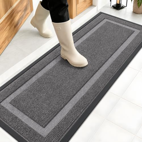 Image of OLANLY Front Door Mat Indoor Outdoor Entrance, Waterproof All-Season, All-Weather Doormat, Sturdy Natural Rubber, Fade Resistant, Low Profile, Easy Clean Patio Porch Entryway Mat, 47x17, Dark Grey