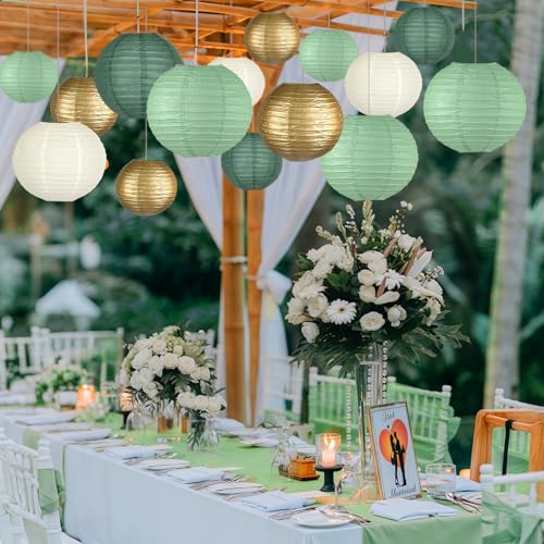 Image of 15-Pack Sage Green Gold Paper Lanterns Party Decorations | Assorted 6, 8 & 10-Inch Hanging Lanterns for Baby and Bridal Showers, Graduations, Weddings, Birthdays and Outdoor Receptions