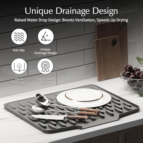 Image of HROY Dish Drying Mat Multi use for Kitchen Counter or Sink with Built-in Drain Lip, Non-Slip Quick Drying Mat, Easy to Clean, Heat Resistant Drying Matt (30 * 25 cm)
