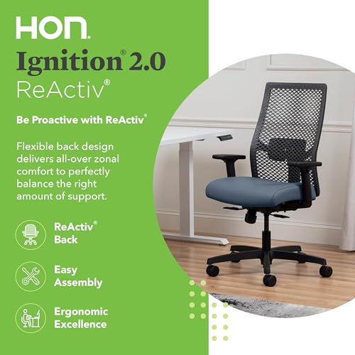 Image of HON Ignition 2.0 ReActiv Ergonomic Office Chair, Mesh Desk Chair with Lumbar Support, Synchro‑Tilt Recline, Height and Width Adjustable Arms, Swivel Wheels, Black Frame, Ocean