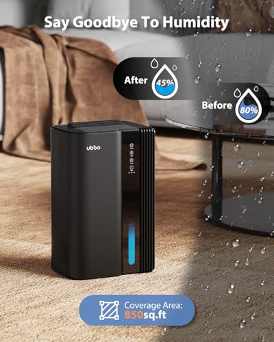 Image of UBBO 95oz Dehumidifiers for Home, 1000 Sq.Ft Dehumidifier with Drain Hose - Auto Shut Off, Timer, Sleep Mode & Drain Hose - 7 Color Light for Bedroom, Bathroom, RV - Black