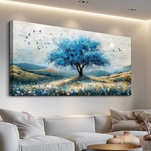ZUITINGHUA Large Wall Decor For Living Room Canvas Wall Art For Office Modern Wall Decorations For Bedroom The Blue Tree Landscape Painting Farmhouse Pictures Artwork Room Home Decor 24x48 In