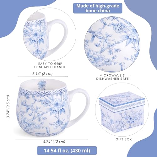 Taza de té y café floral azul de porcelana de hueso 480 ml miniatura 2